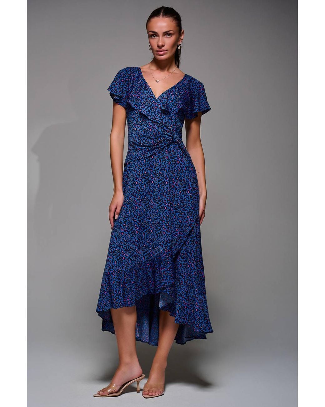 Jolie Moi Blue Animal Print Frill Maxi Dress