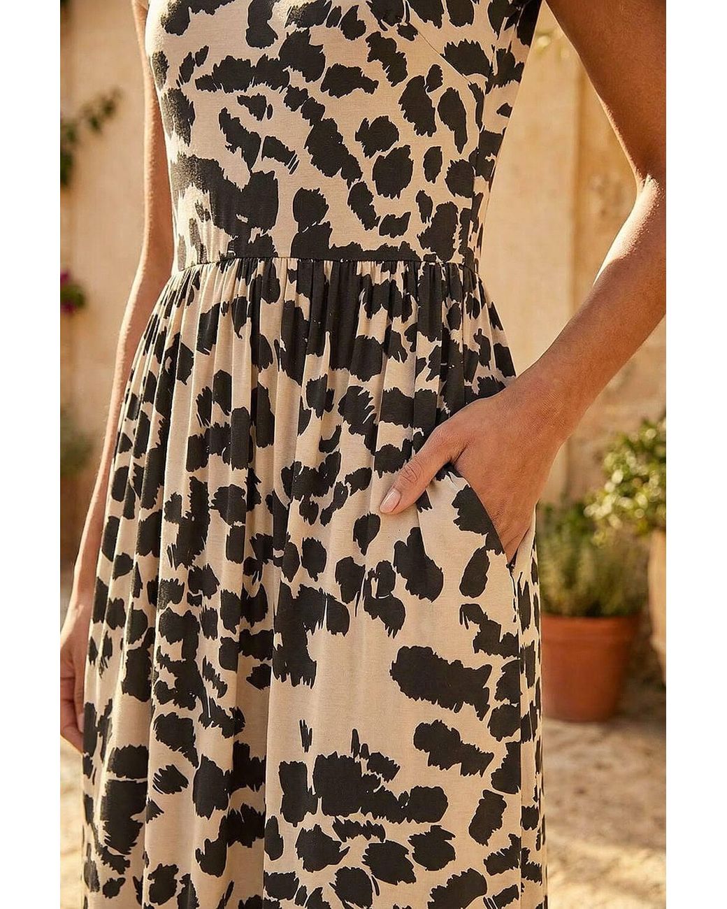Roman Brown Abstract Print Stretch Midi Dress