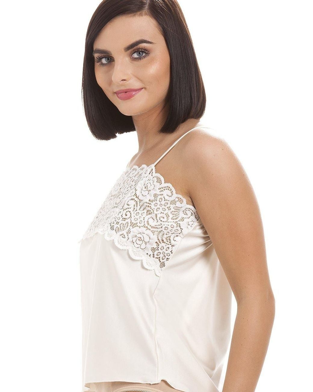 CAMILLE White Luxury Satin Feel Lace Trim Camisole