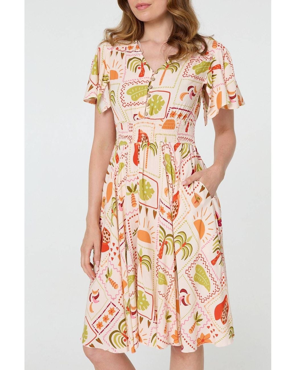 Izabel London Pink Printed V-Neck Shirred Knee Length Dress