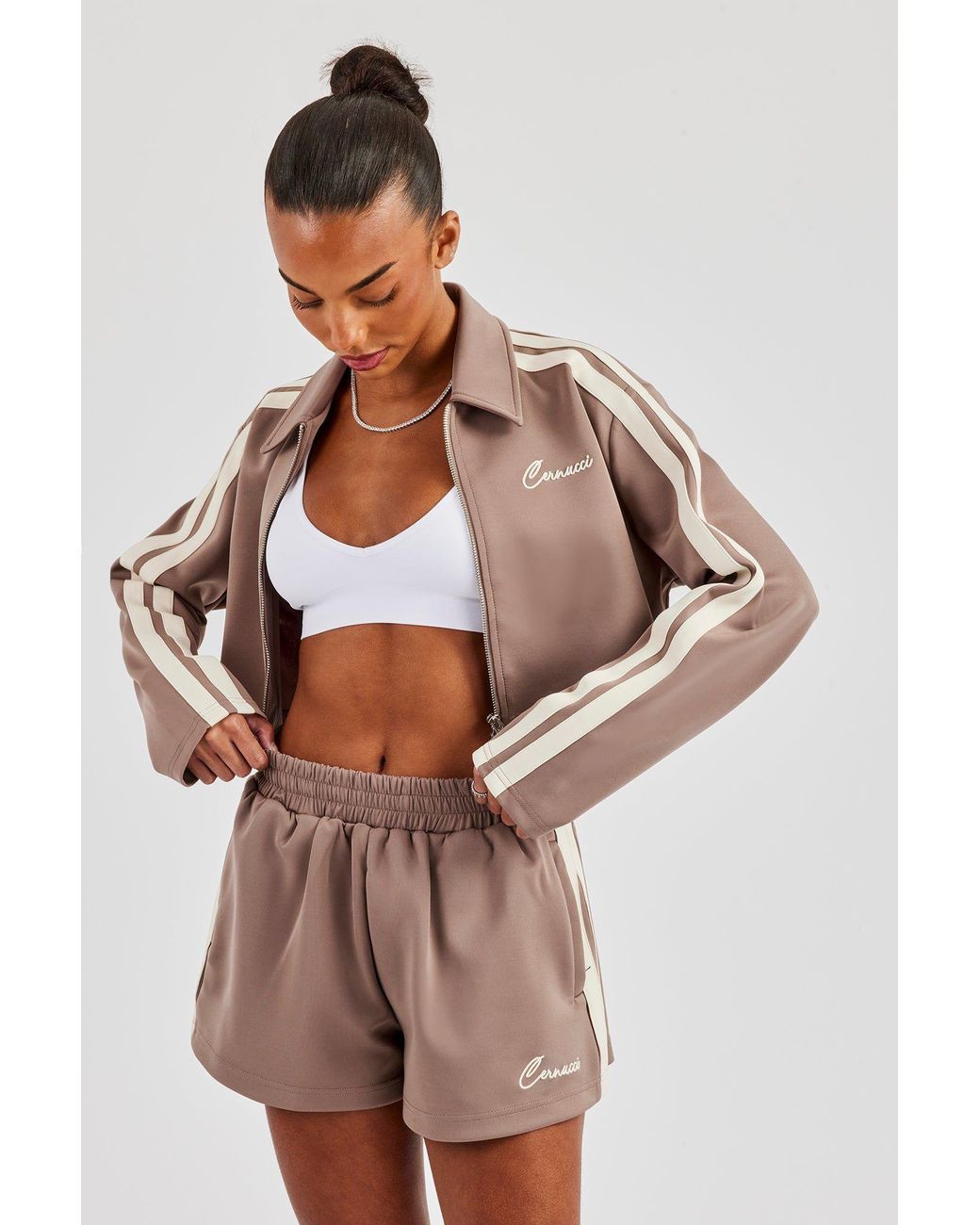CERNUCCI Brown Taping Cropped Harrington Jacket