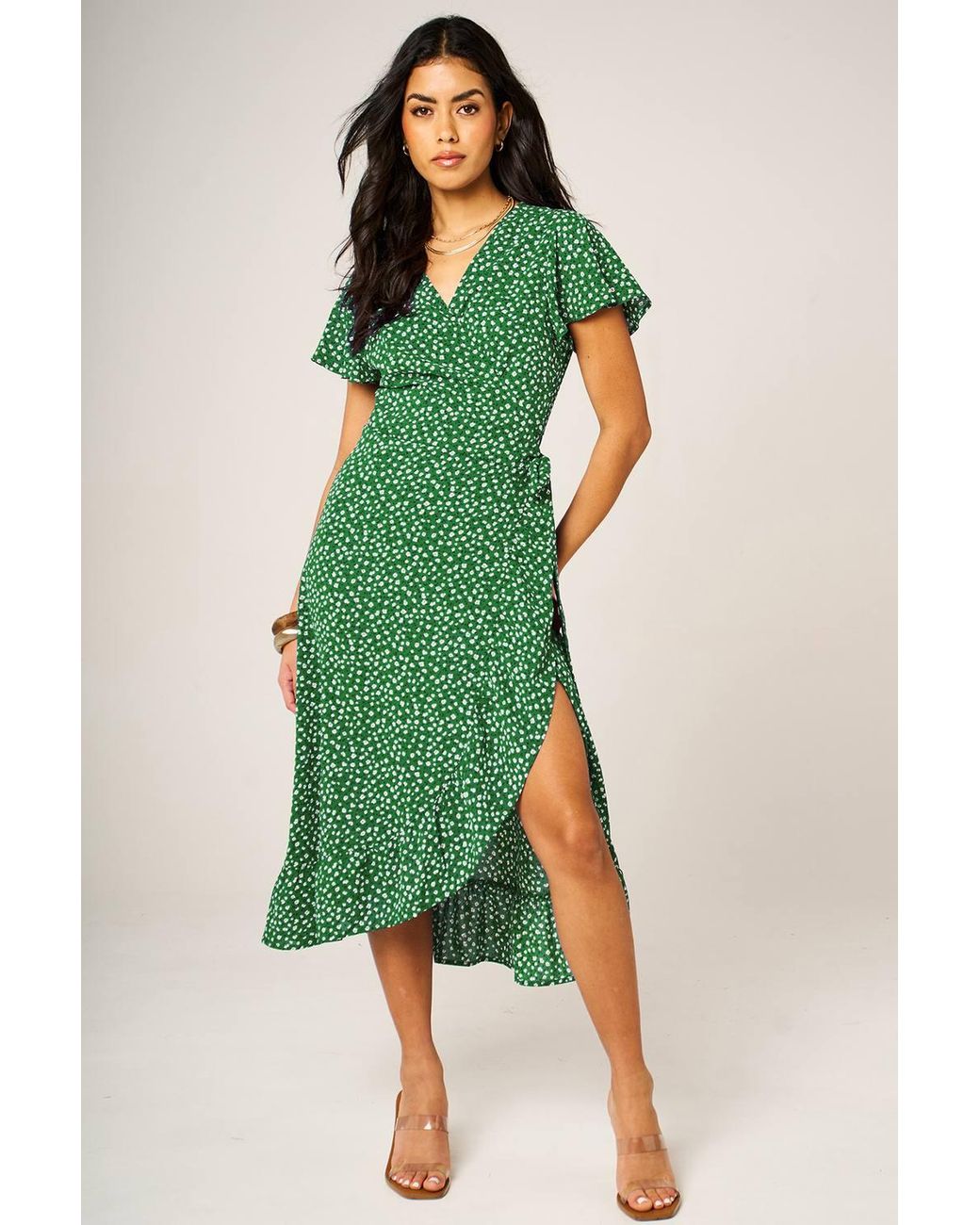 FS Collection Green Angel Sleeve Floral Wrap Midi Dress With Hem Frill Detail