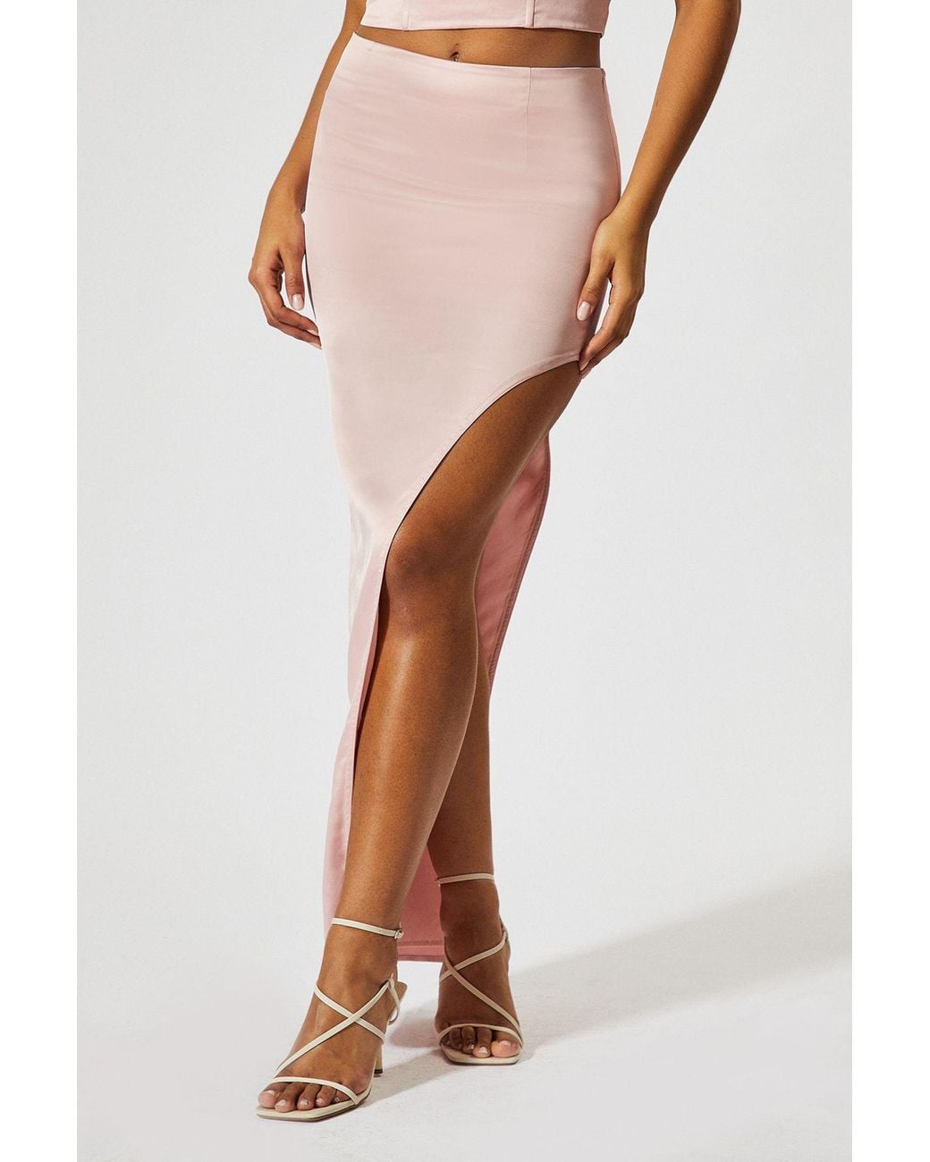 MissPap Pink Satin High Waist Asymmetric Maxi Skirt