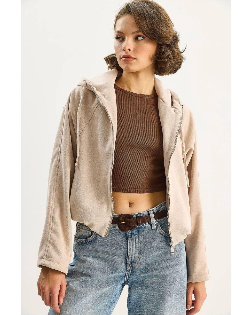 Bianco Lucci Natural Hooded Zipper Jacket