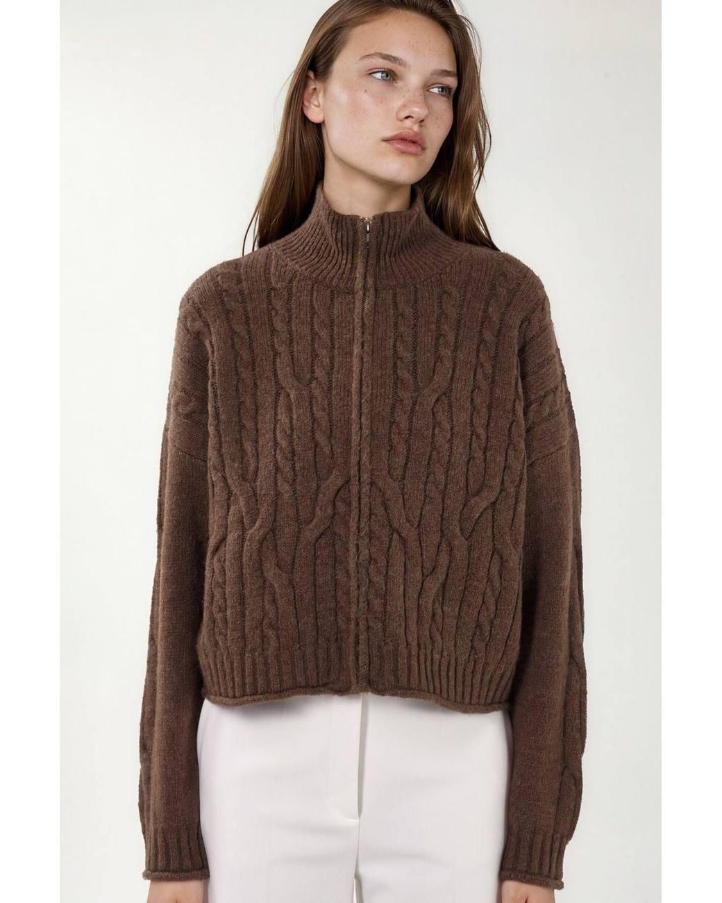 Hiccup Brown Crop Soft Touch Zip-Up Cable Knit Cardigan