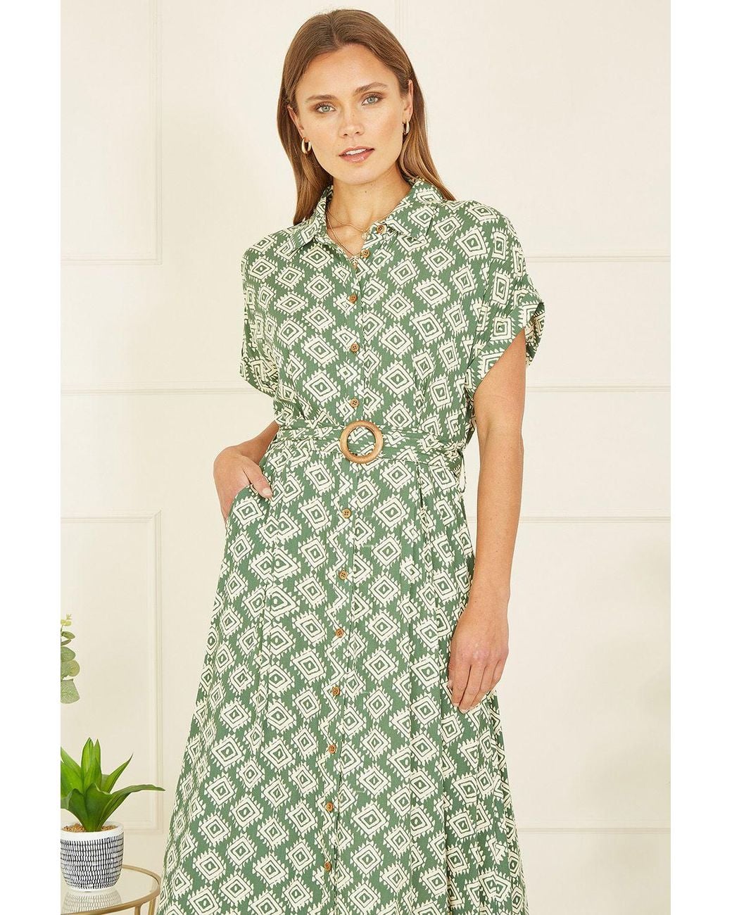 Yumi' Green Viscose Midi Shirt Dress With Matching Belt