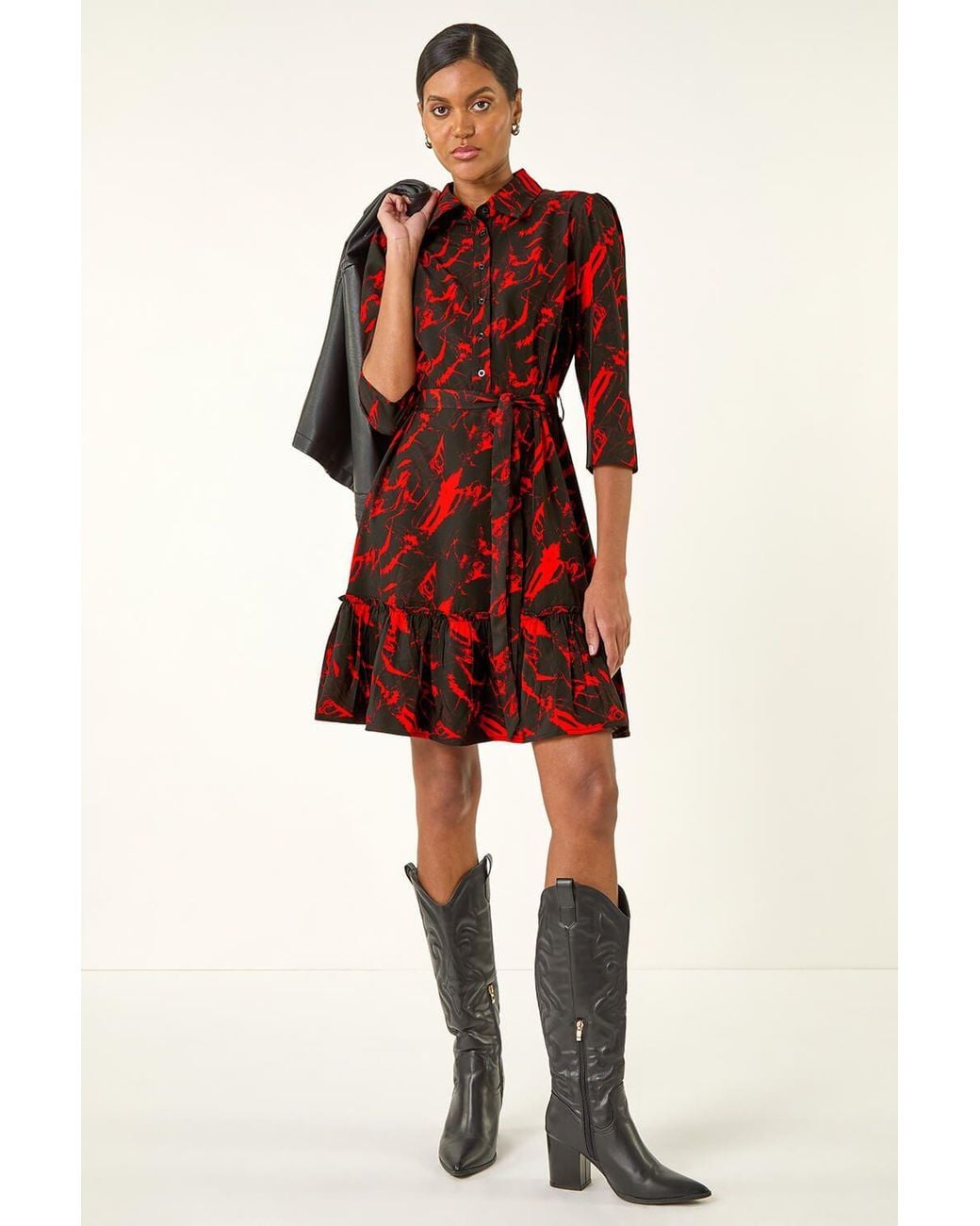 Roman Red Abstract Print Tie Waist Shirt Dress