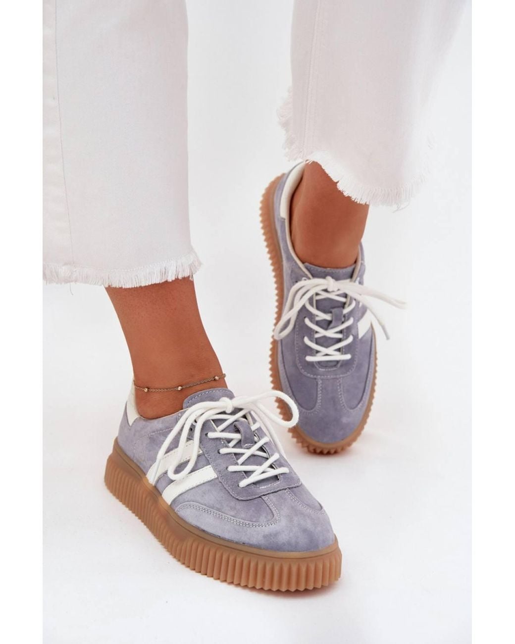 Love Lace White Real Suede Platform Round Toe Chunky Trainers