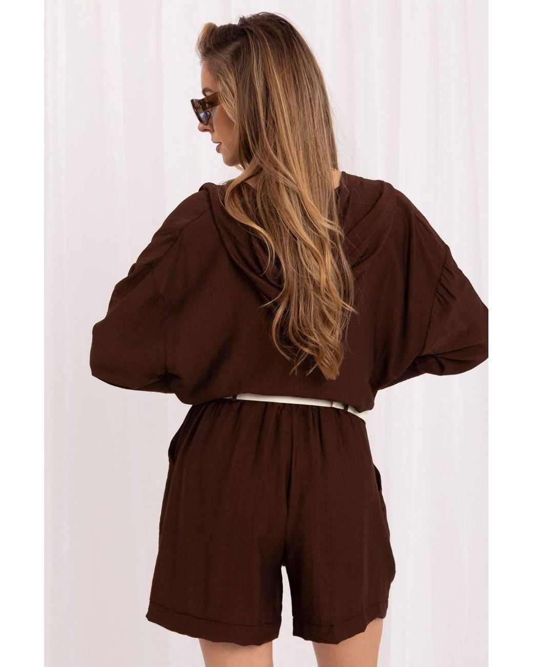 Love Lace Brown Viscose Wide Leg Tailored Shorts With Belt