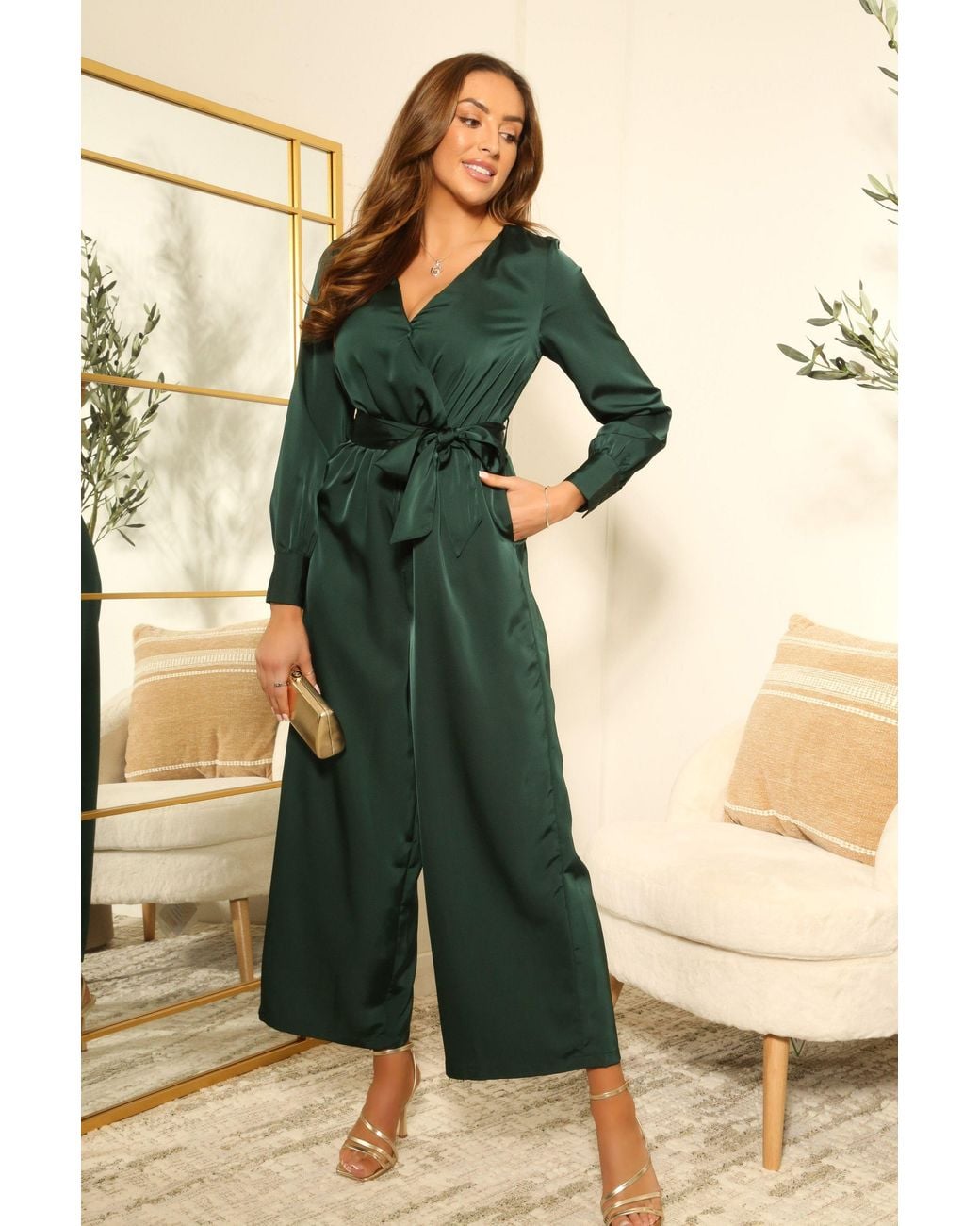 Double Second Green Lux Satin Wrap Jumpsuit