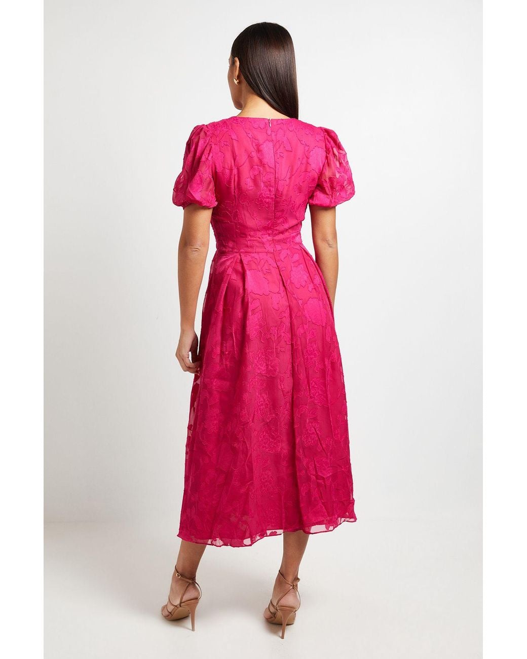 PRINCIPLES Pink Floral Jacquard Puff Sleeve Midi Dress