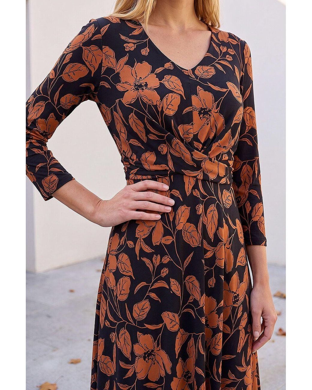 Roman Natural Leaf Print Wrap Midi Dress