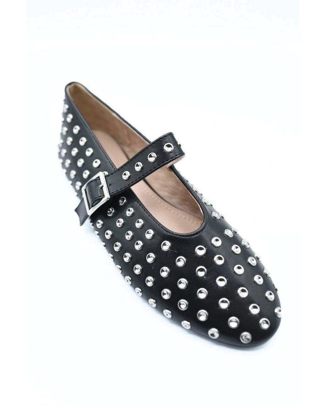 IKRUSH Black Anna Rhinestone Decor Round Toe Buckle Strap Flat Shoes