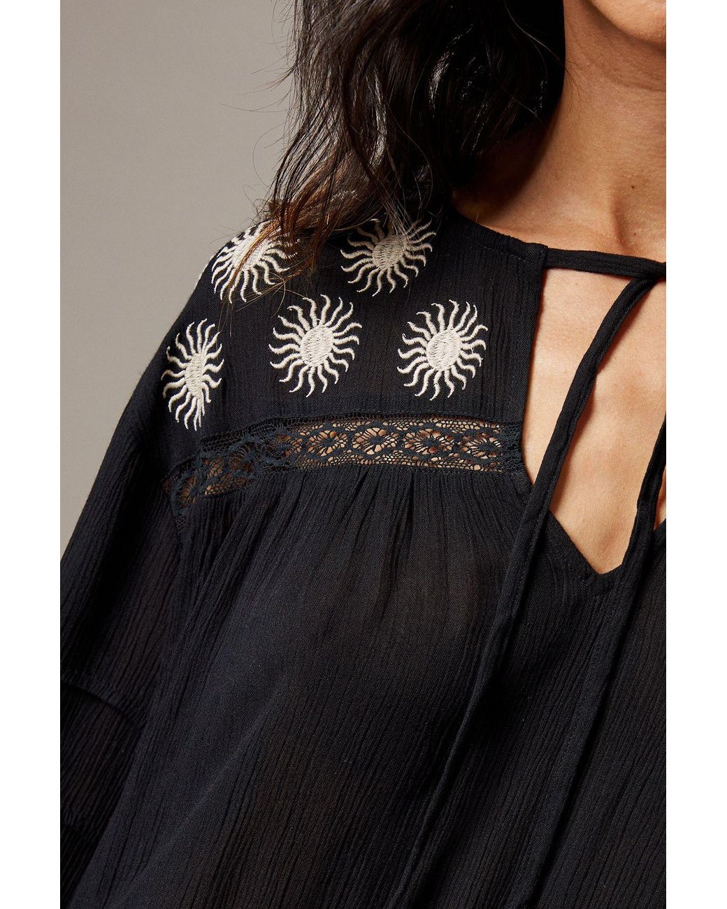 Warehouse Black Cheesecloth Embroidered Trim Insert Midi Smock Dress