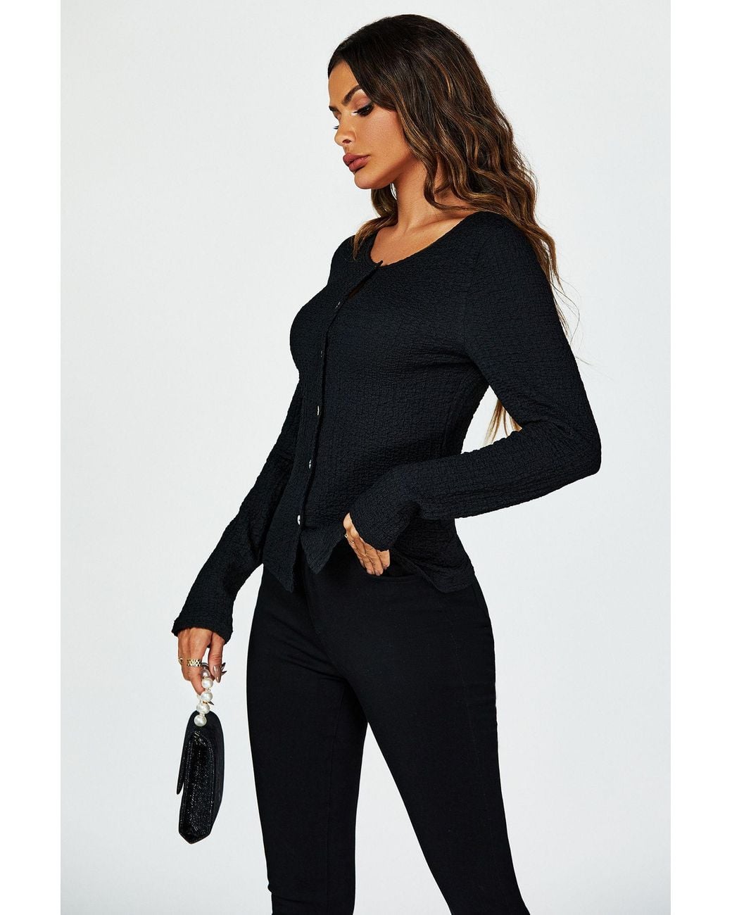 FS Collection Black Button Down Ruched Stretch Long Sleeves Top