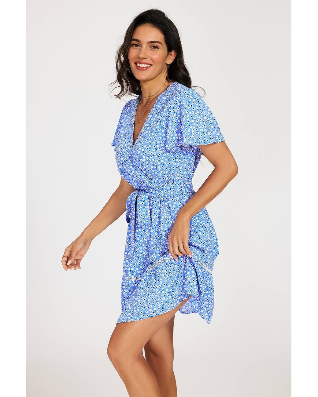 FS Collection Blue Floral Wrap Front Mini Dress With Lace Trim Hem