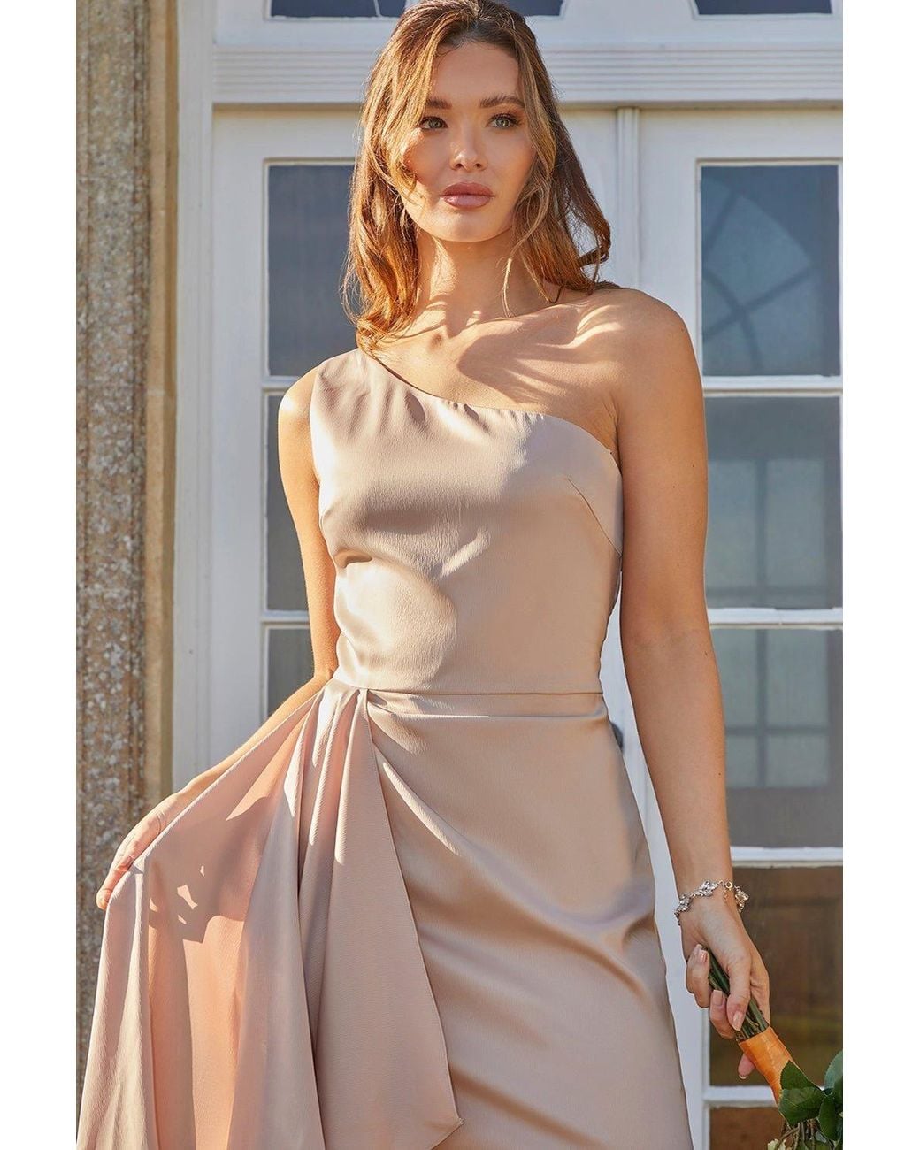 Chi Chi London Gray One Shoulder Satin Drape Mini Dress