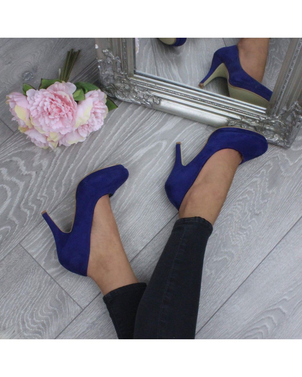 AJVANI Blue Mid High Heel Court Shoes