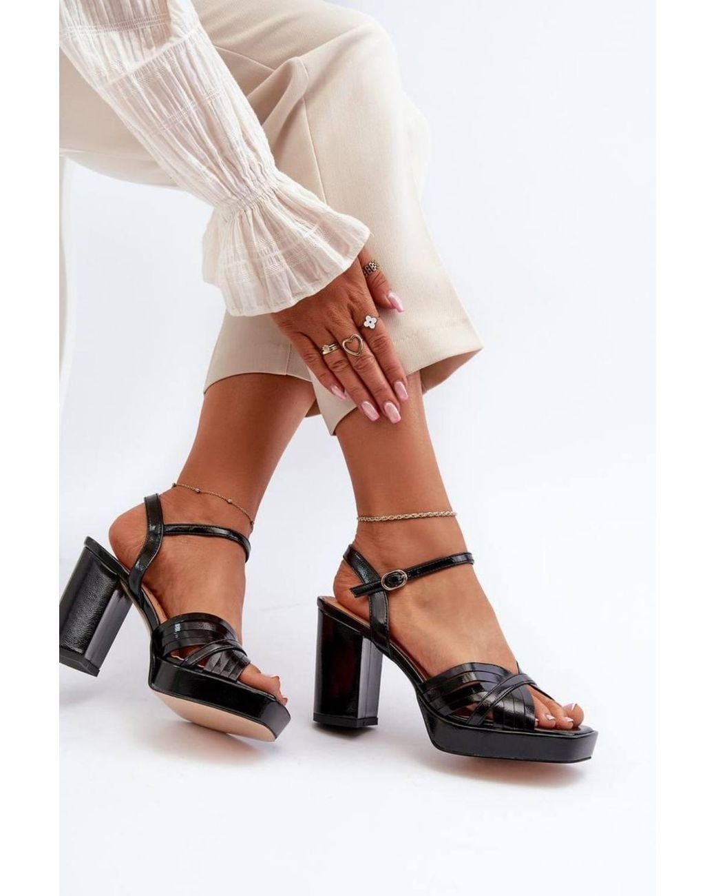 Love Lace Black Evening Faux Leather Elegant Heeled Sandals