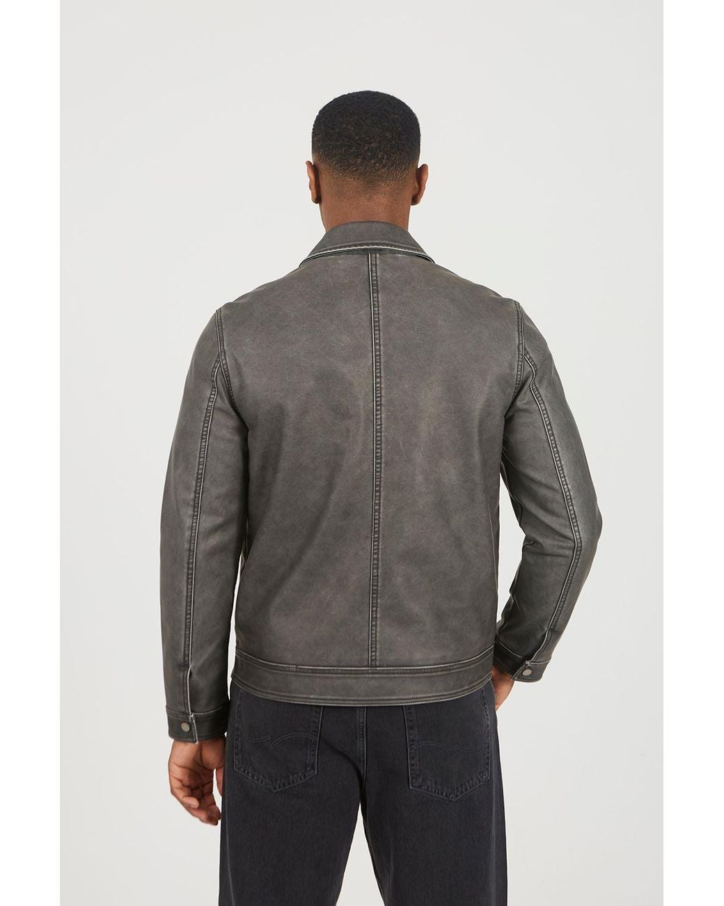 Brave Soul Gray Zip Through Vintage Pu Biker Jacket for men