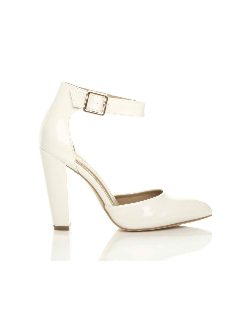 AJVANI White High Heel Ankle Strap Pointed Toe Patent Court Shoes
