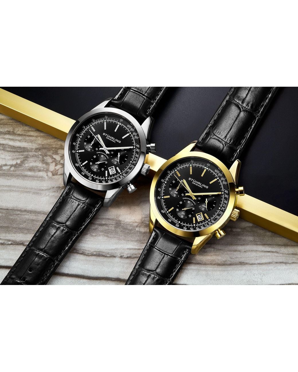 Stuhrling Black Rialto Chronograph Watch Quartz With Tachymeter 44Mm Case Leather Band for men