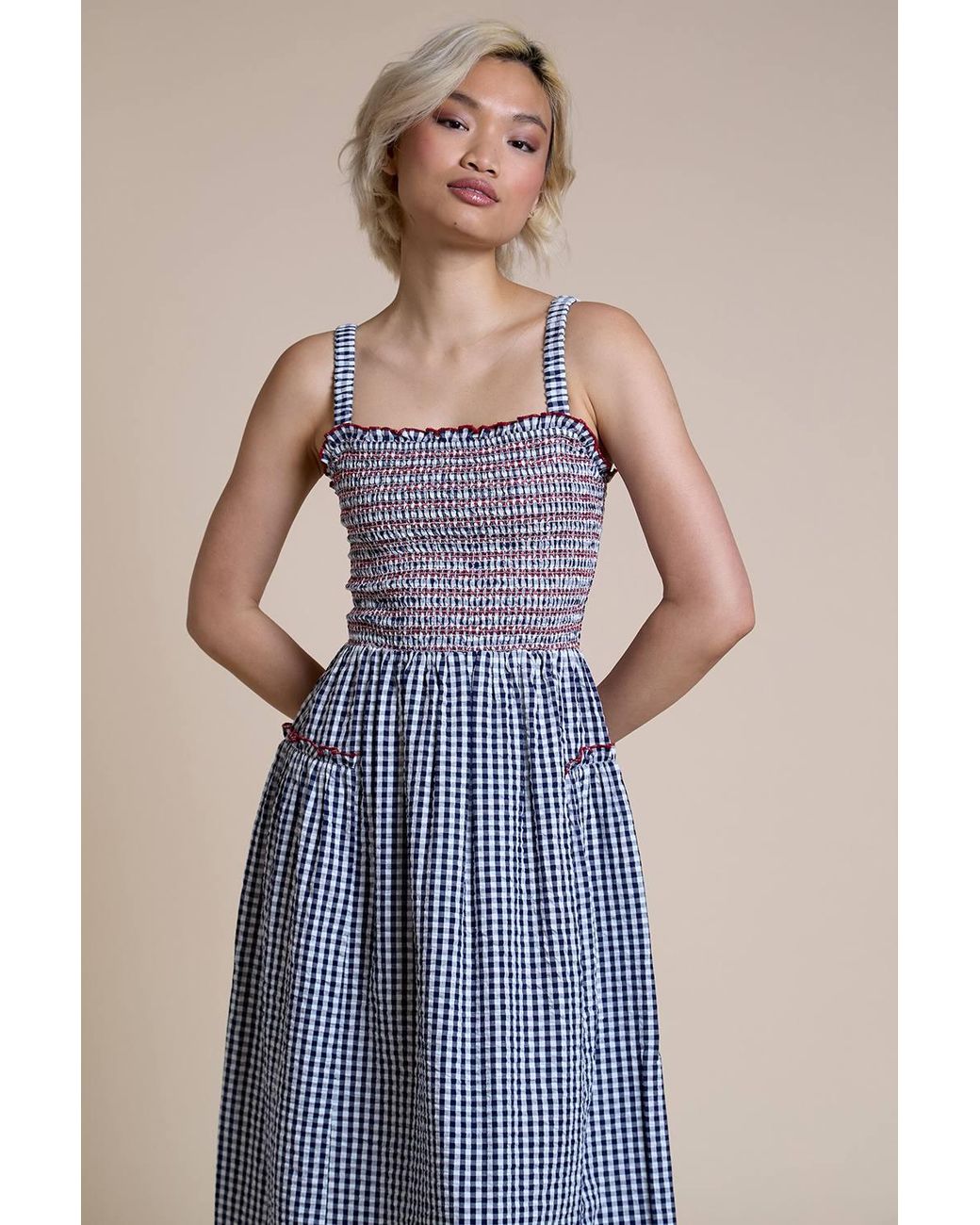 Neon Rose Blue Cotton Shirred Ruffle Detail Midaxi Dress