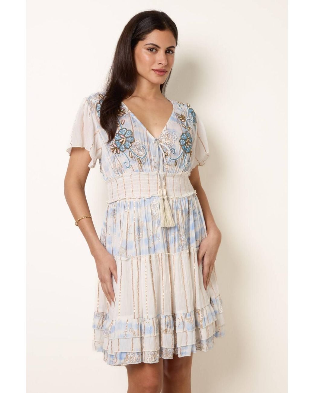 Blue Vanilla Natural Shirred Waist Short Sleeve V-Neck Mini Dress
