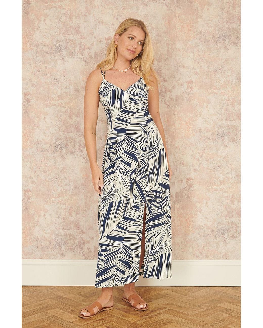 Yumi' Blue Leaf Print Maxi Dress With Cross Back