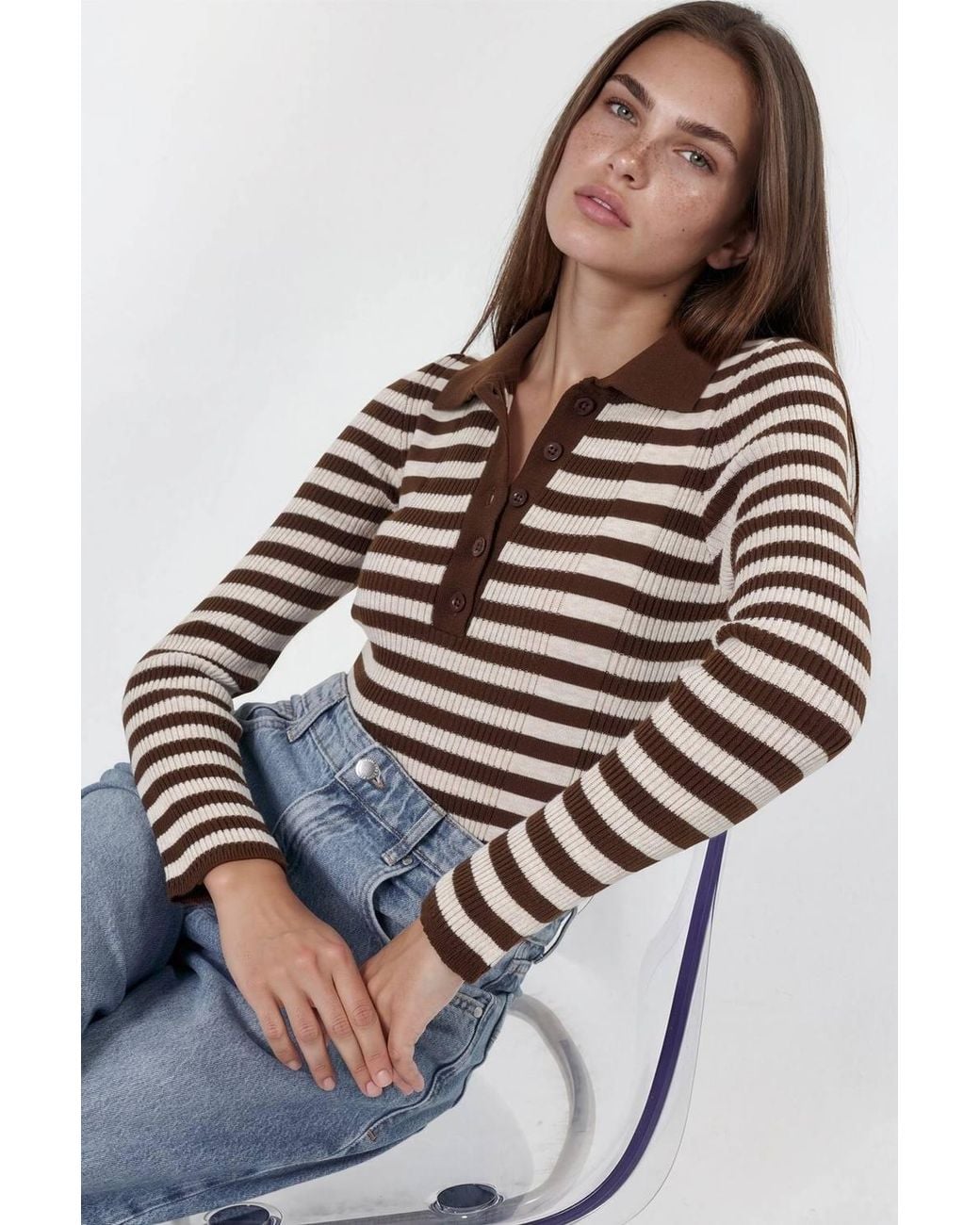 Hiccup Brown Striped Ribbed Button Polo Sweater