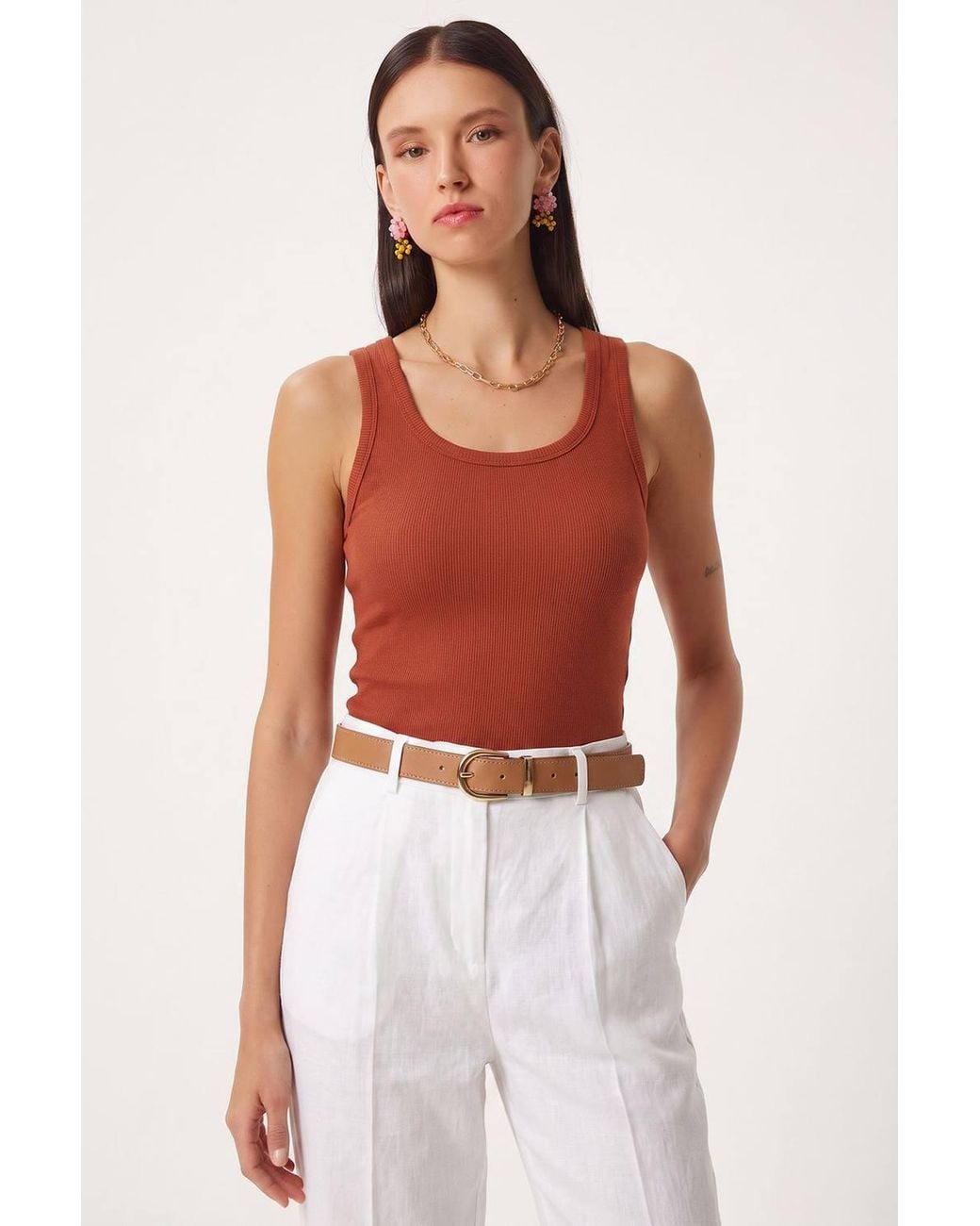 Happiness İstanbul Red Fitted Cotton U Collar Tank Top