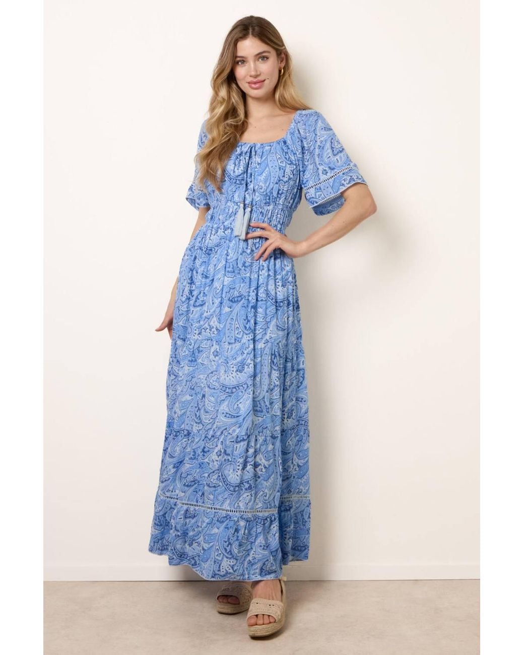 Blue Vanilla Blue Elasticated Waist Short Sleeve Bardot Maxi Dress