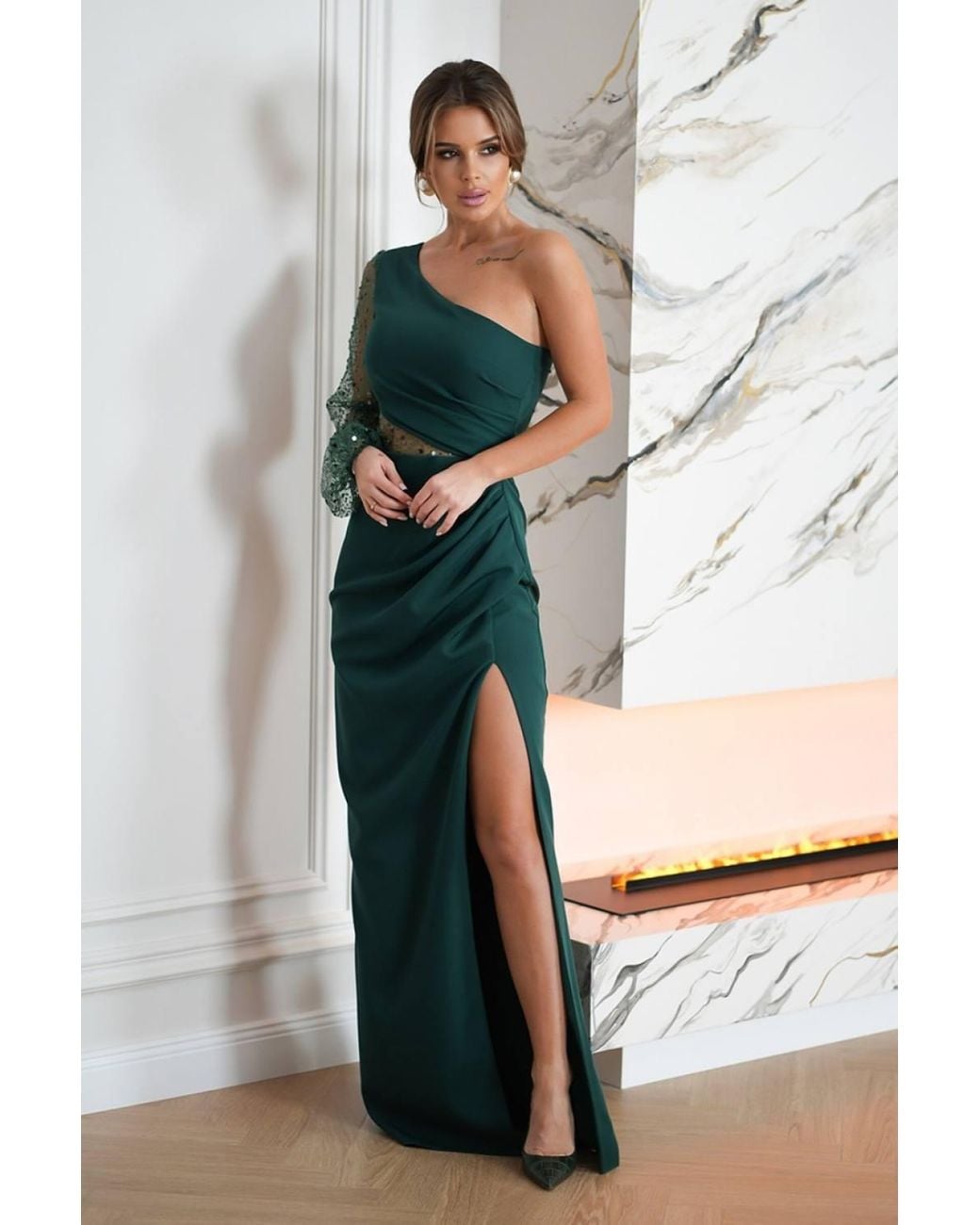 Love Lace Green Long Asymmetrical Sequin One Shoulder Slit Gown