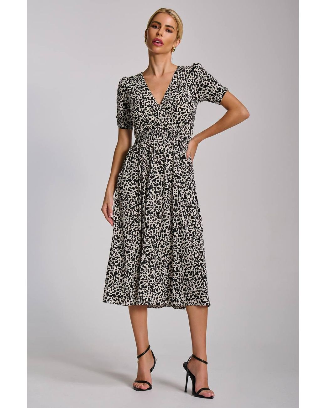 Jolie Moi Gray Short Sleeve Printed Jersey Midi Dress