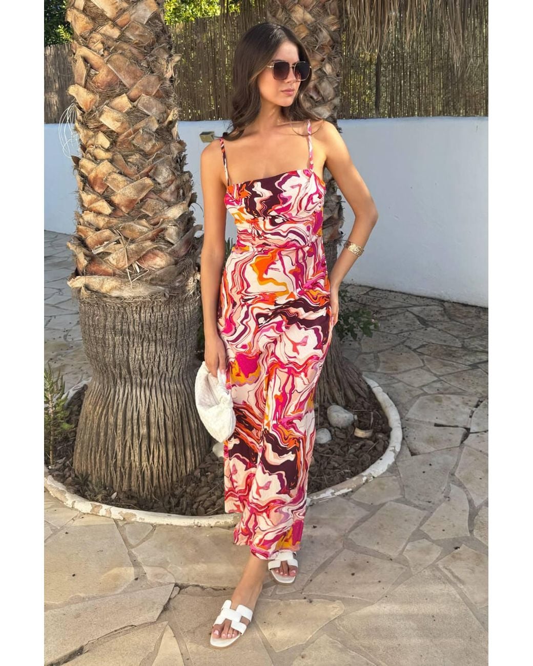AX Paris Gray Multi Water Marble Print Strappy Slip Midi Dress