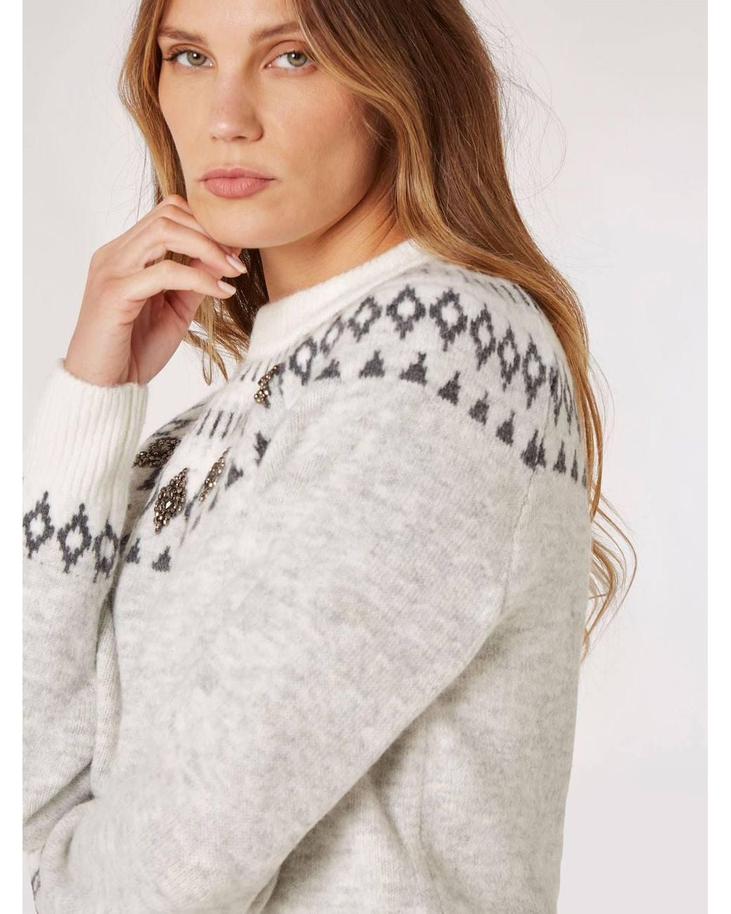 Apricot White Fair Isle Gem Embellished Jumper