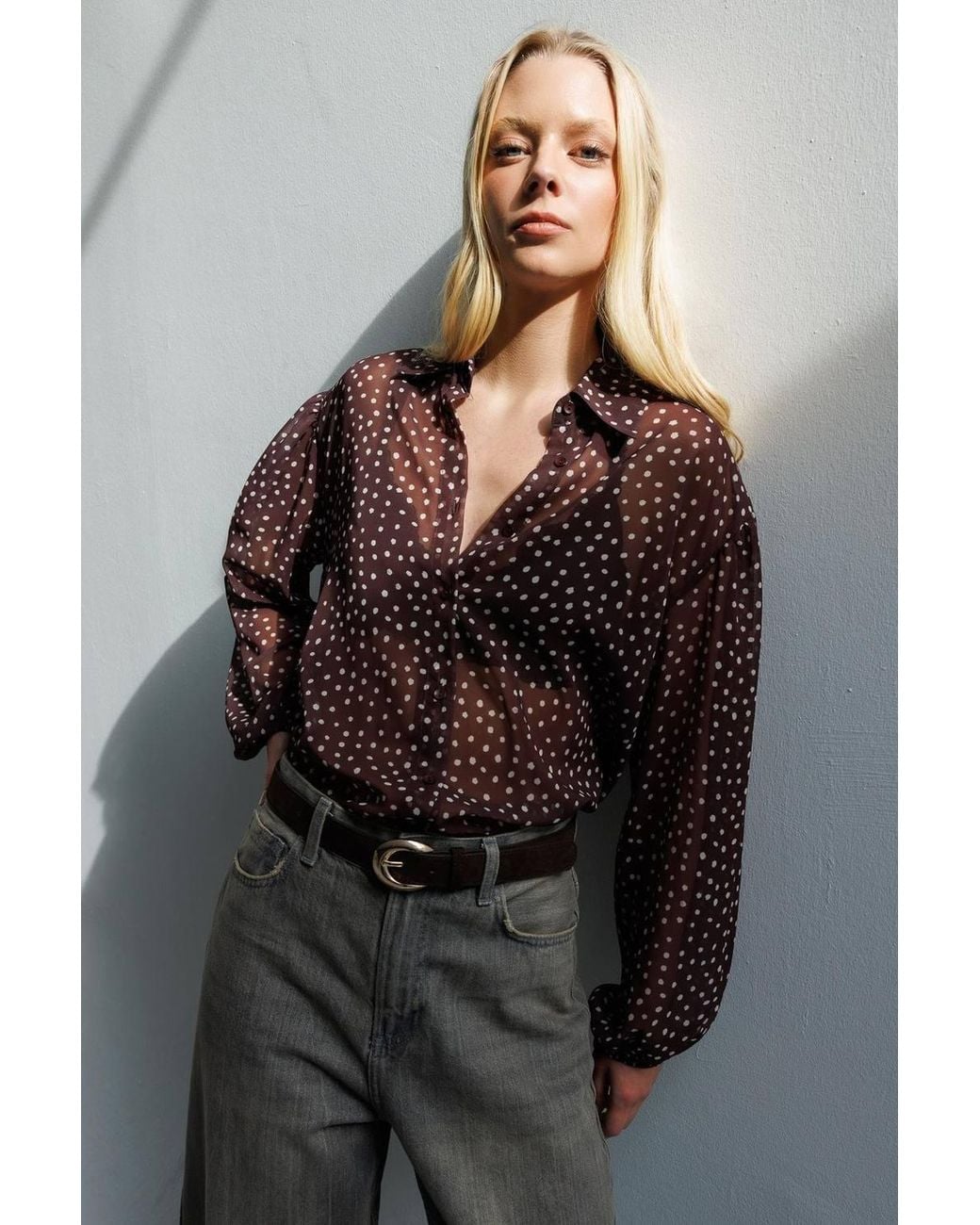 MixRay Black Polka Dot Chiffon Button-Up Shirt