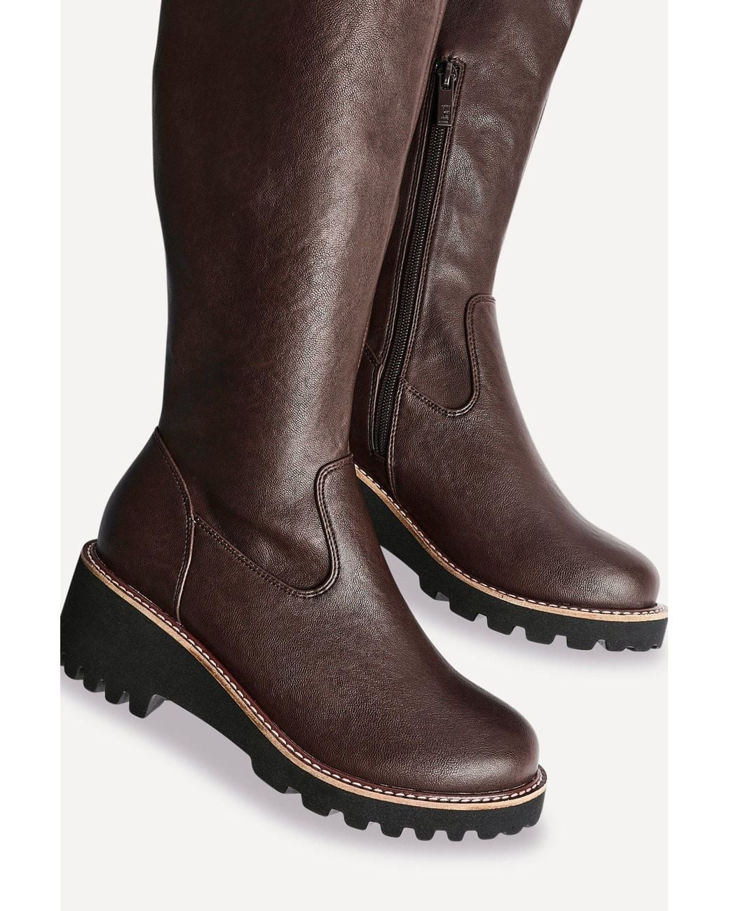 Linzi Black Maintain Wide Fit Faux Leather Stretch High Leg Wedge Boot