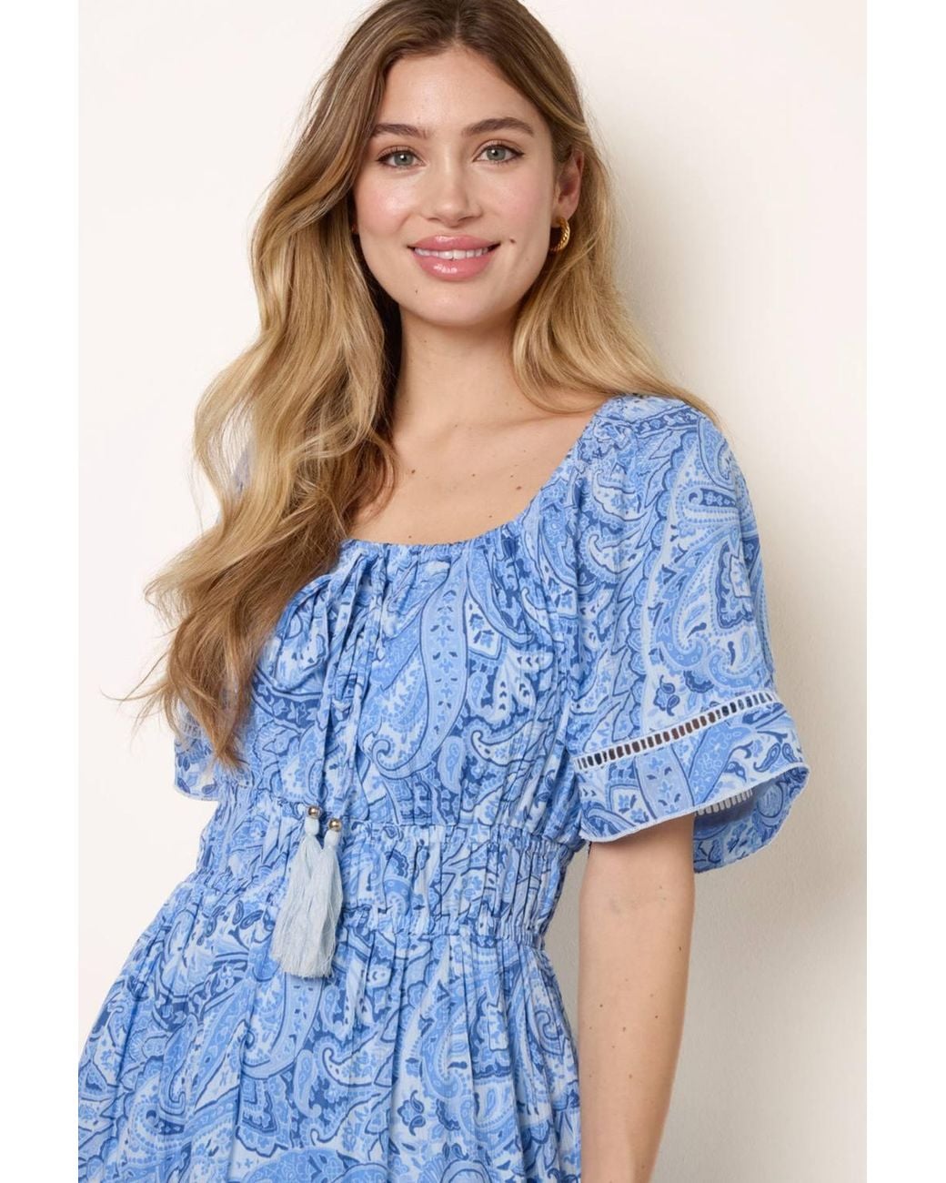 Blue Vanilla Blue Elasticated Waist Short Sleeve Bardot Maxi Dress