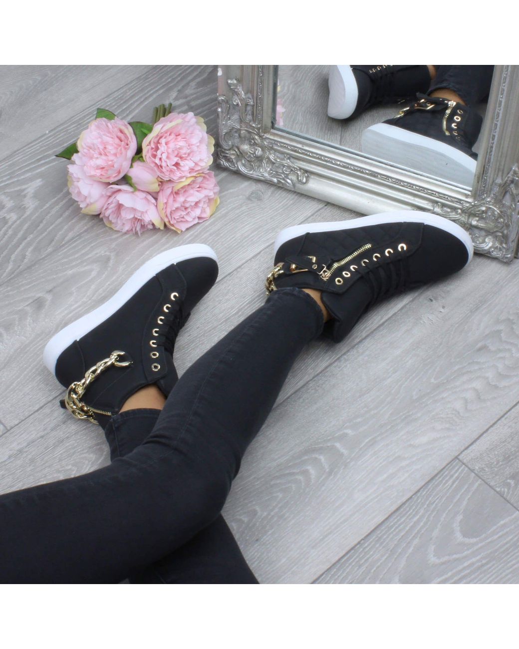 AJVANI Black Chain Lace Up Trainers Hi Tops