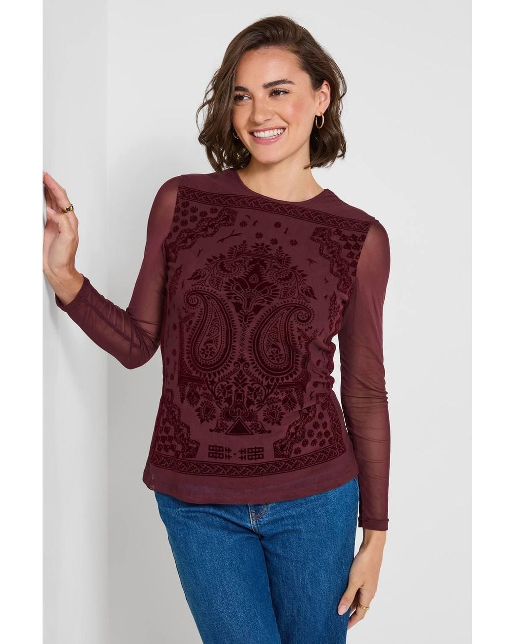 Joe Browns Red Long Sleeve Mesh Top With Flocked Print