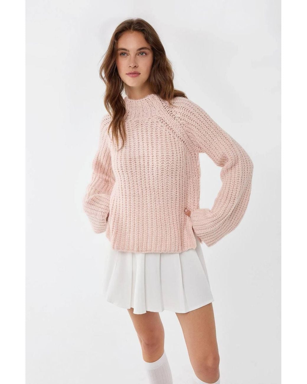 Hiccup Natural Oversized Textured Knit Sweater With Half Turtleneck