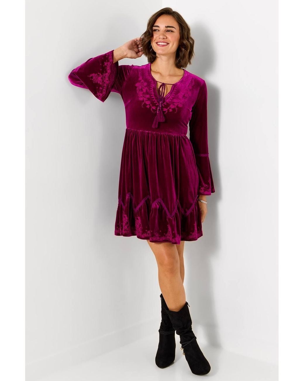 Joe Browns Purple Darcie Embroidered Velour Tunic Dress