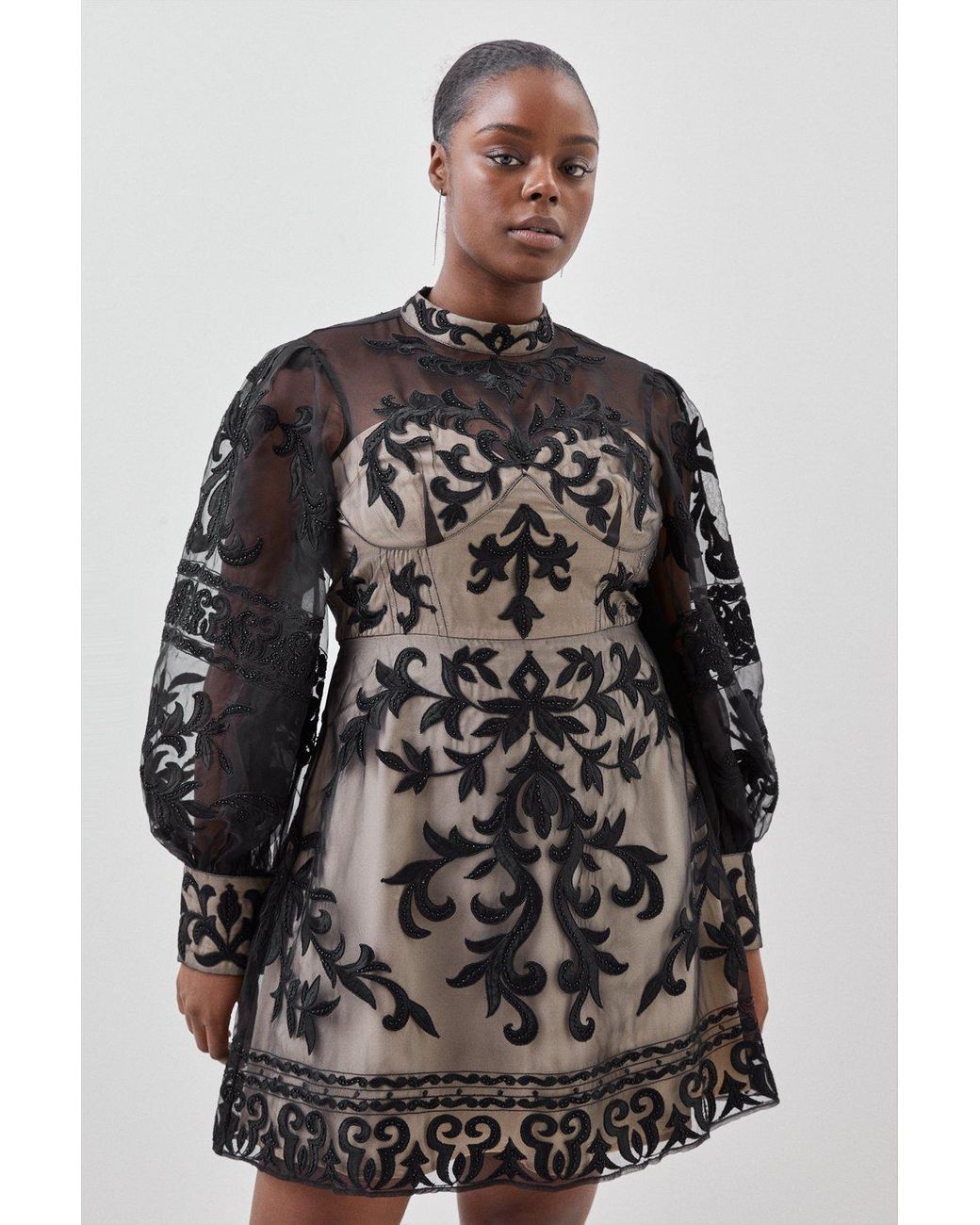 Karen Millen Plus Size Baroque Applique Woven Mini Dress in Grey