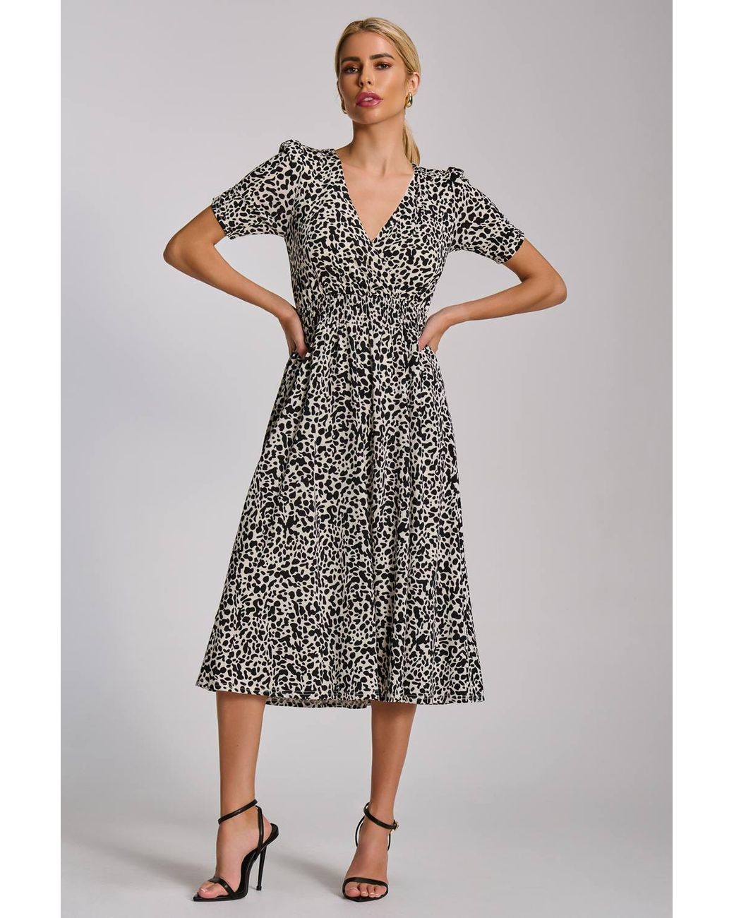 Jolie Moi Gray Short Sleeve Printed Jersey Midi Dress