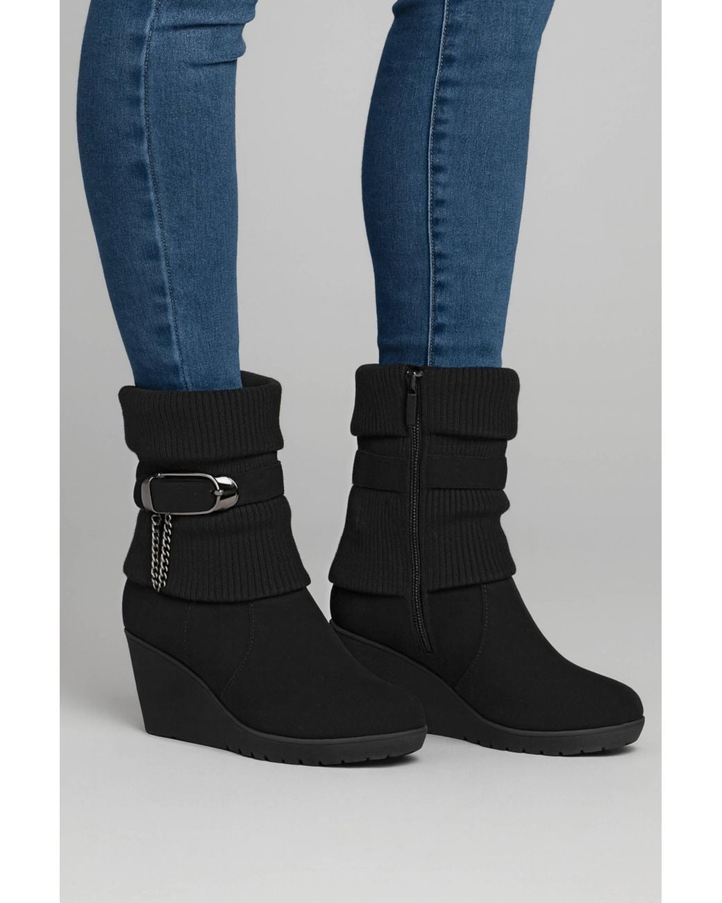 AJVANI Black Mid Wedge Heel Slouch Ankle Boots
