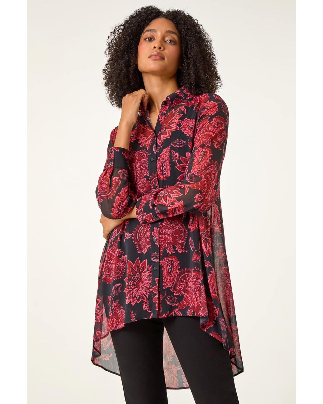 Roman Red Floral Longline Button Detail Shirt