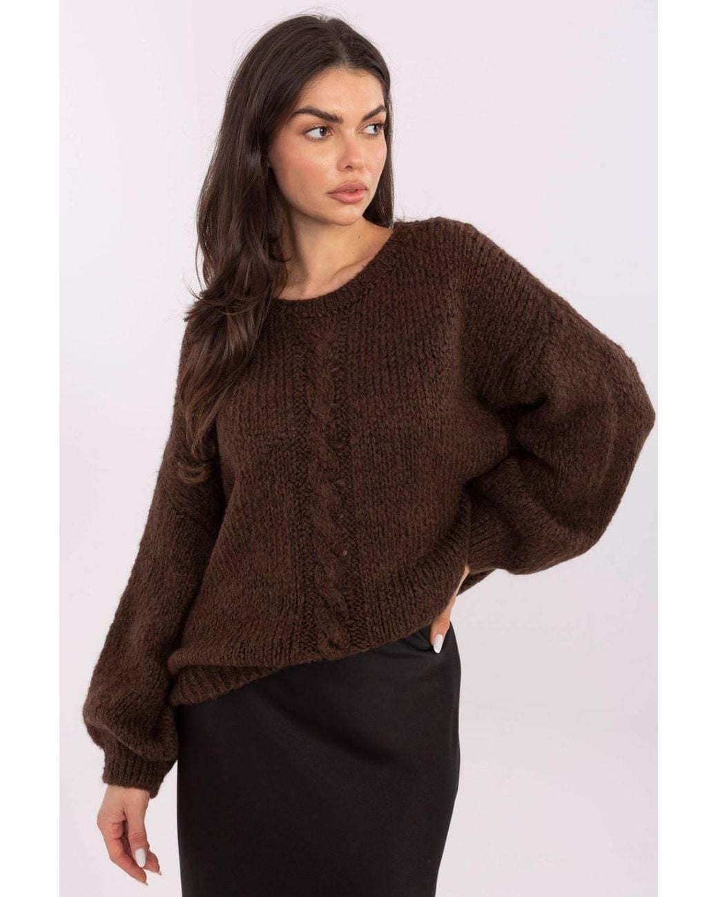 Love Lace Brown Loose Textured Sweater With Puff Sleeves