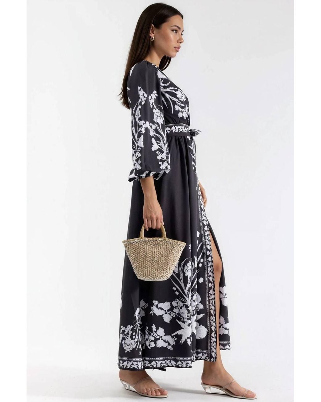 Msn-Collection Blue Floral Maxi Dress With V-Neck & Tie Detail