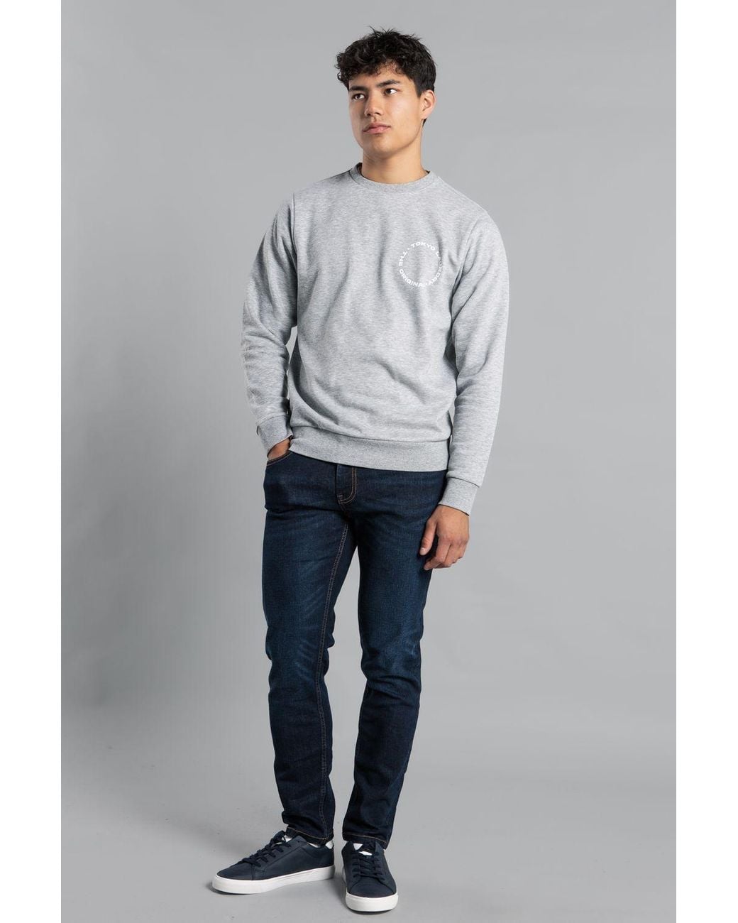 Tokyo Laundry Gray Crew Neck Sweatshirt With Logo Print for men